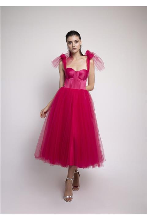 Lenta Moda Fuşya Midi Boy Tül Abiye Balo Elbisesi