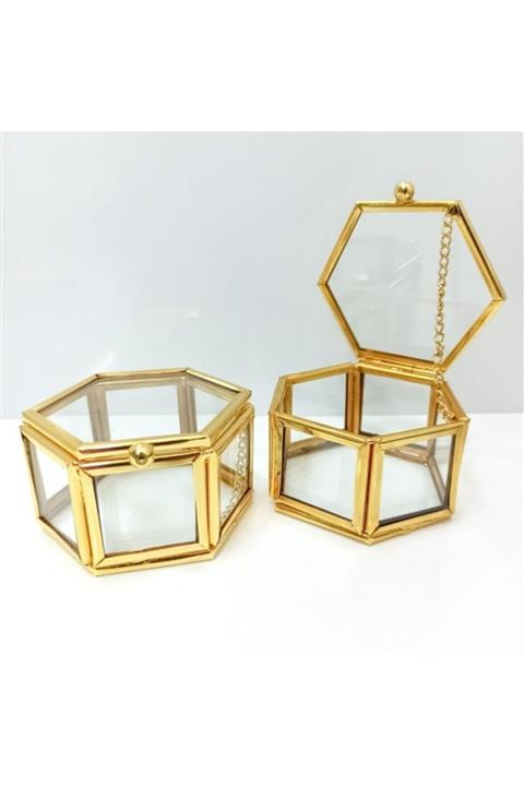 RetroLazer Metal Altıgen Cam Kutu Yüzük Kutusu 7x7x5 Gold 1 Adet