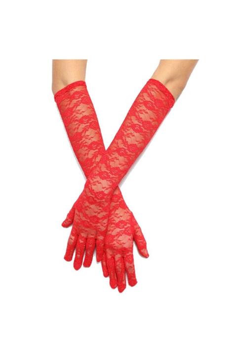 Noname Kırmızı Renk Dantelli Eldiven Uzun Boy