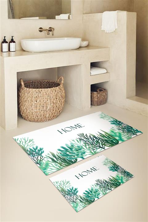 KARNAVAL HOME l Yeşil Home Yazılı Yosunlar 2'li Banyo Paspas Takımı