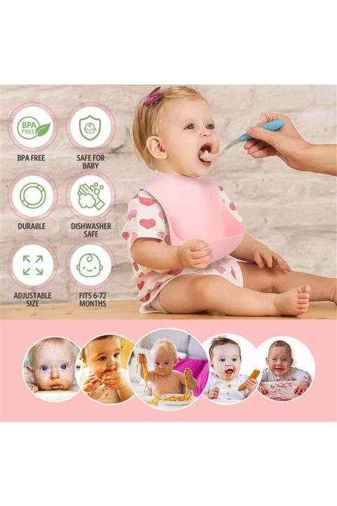 Dila’s home Pembe Silikon Bebek Mama Önlüğü Su Geçirmez Dökülme Cepli Ayıcık Figürlü