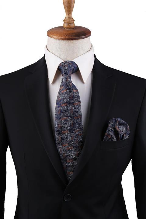 Kravatkolik Mavi Motif Desen Mendilli Klasik Kravat Kk10819