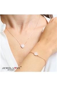 JEWEL LOVE Pırlanta Montür Tasarım Full Taş Rose Gold Kalp Gümüş Kolye Ve Bileklik Ikili Set