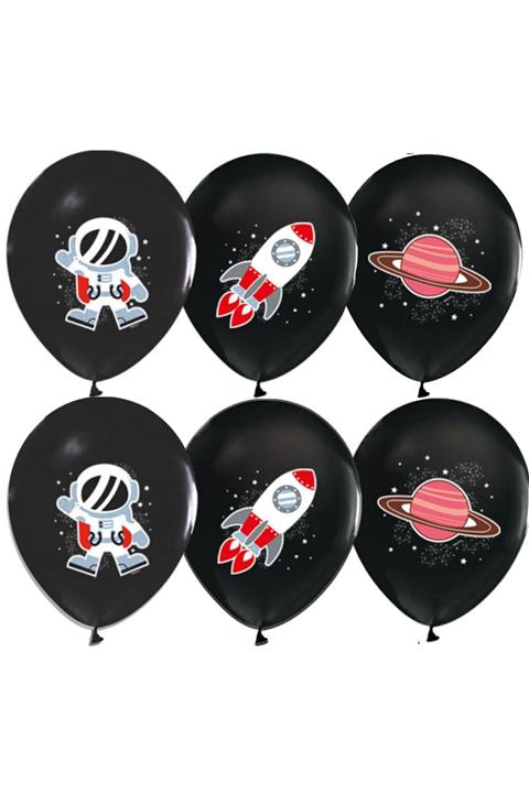 Parti dolabı 12li Uzay Temalı Lateks Siyah Balon Astronot Uzayda Kozmik Galaksi Baskılı 12\