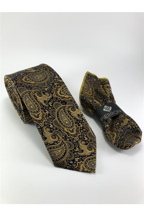 PİERRONİ Altın Hardal Şal Desen Mendilli Kravat