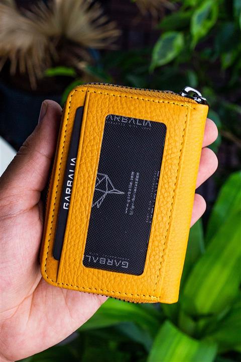 Garbalia Clovis Hakiki Deri Fermuar Kilitli Akordiyon Hardal Sarısı Kartlık