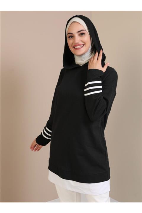 Tavin Kolları Şerit Detaylı Kapüşonlu Sweatshirt - Siyah -