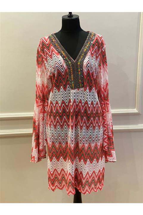 AD COUTURE Askıdan Davete Yakası Boncuklu Plaj Elbisesi