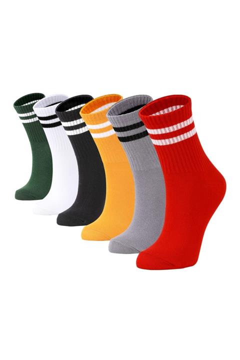 İkonik Socks Unisex Karışık Renkli Çizgili Tenis Çorabı 6 Çift
