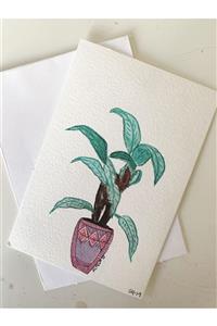 kemahlı design Saksı Bitki Desenli El Boyaması Kartpostal