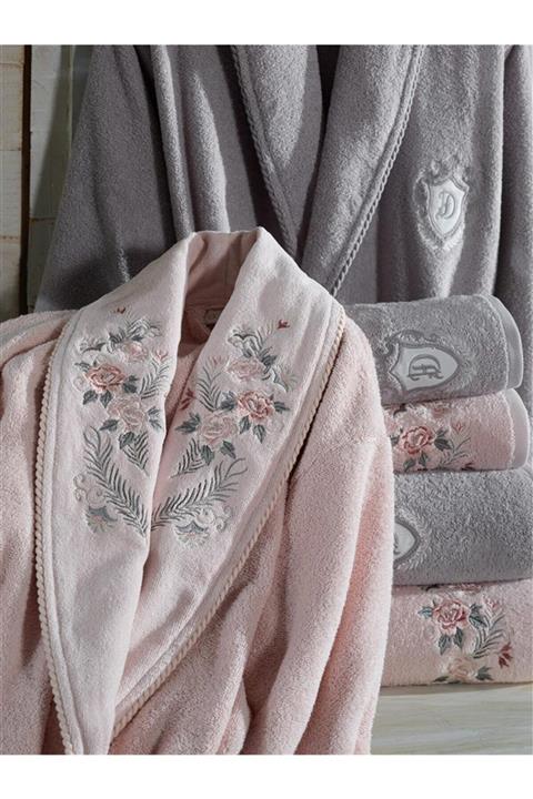 Dantela Vita 6'lı Nakışlı Pamuklu Bornoz Seti Larosa Pudra-gri