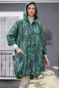 Chiccy Kadın Yeşil Italyan Kamuflaj Desenli Cepli Ip Büzgülü Oversize Yağmurluk M10210700yr99993