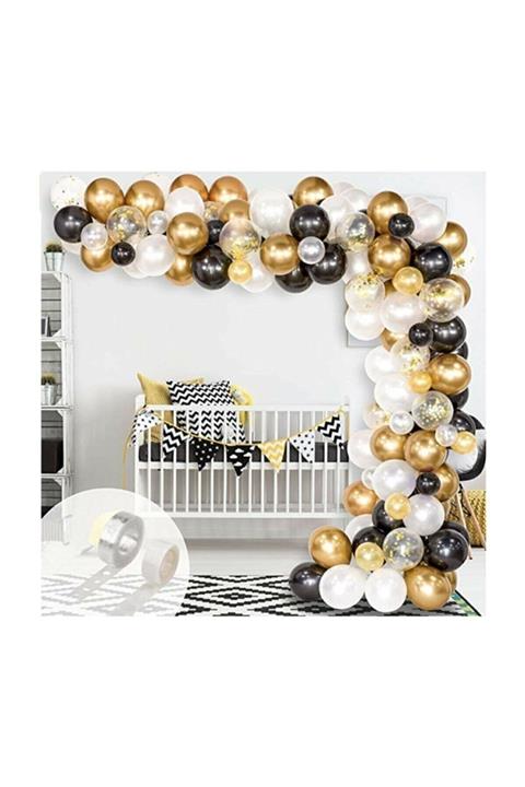 Partimarket 100 Adet Siyah Beyaz Gold Konfetili Balon Zincir Seti