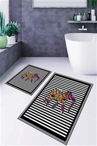 Ravis Halı Modern Desen Yıkanabilir 2'li Banyo Paspas