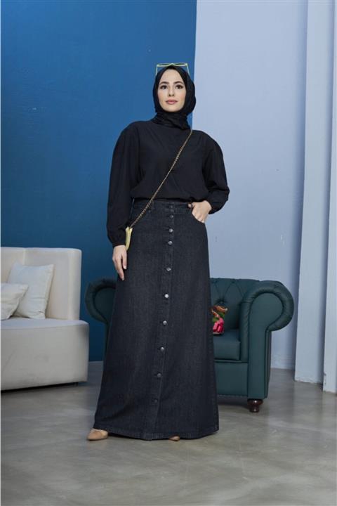 Neways Kadın Siyah Düğmeli Kot Etek