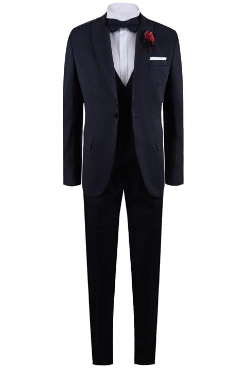 YSF Giyim Erkek Lacivert Slim Fit Çıkma Şal Yaka Yelekli Damatlık 21010-25