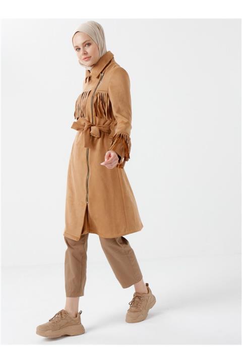 Vamelya Kadın Camel Süet Püsküllü Trençkot