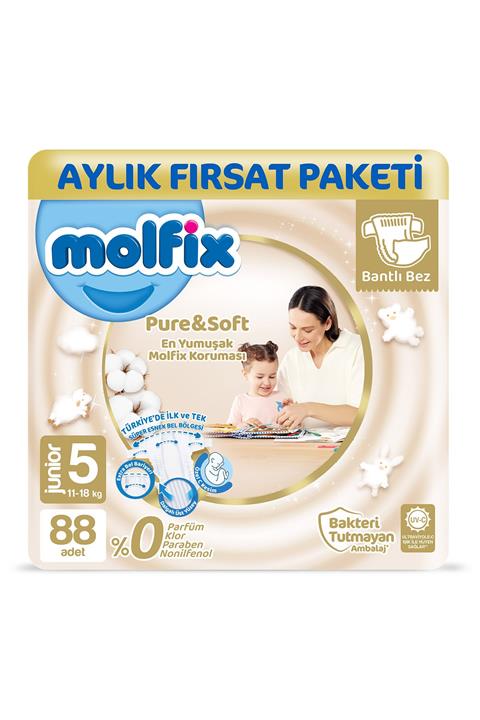 Molfix Pure&Soft Bebek Bezi 5 Beden Junior Aylık Fırsat Paketi 88 Adet