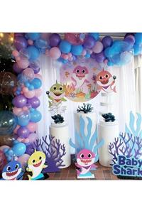 BAL10 DÜNYASI 100 Adet Mor-pembe-mavi-şeffaf Baby Shark Temalı Balon Konsepti Ve Balon Zinciri