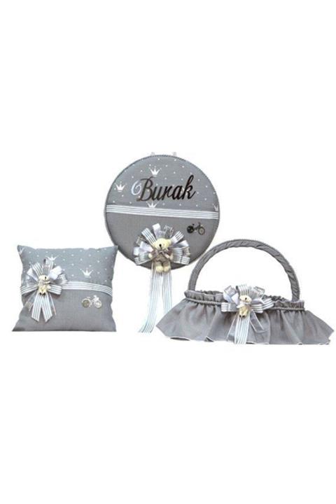 QUEEN AKSESUAR Özel Isim Yazılı Gri Bebek Hastane Kapı Süsü Yastık Sepet Çelenk Set