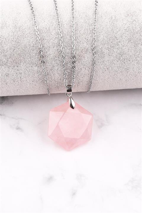 Asya Gems Pembe Kuvars Doğal Taş Hekzagonal Kesim Kolye