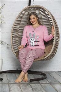 pijamacity Kadın Pembe Büyük Beden Uzun Kollu Pijama Takımı