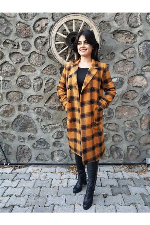 FERGAN Kadın Hardal Ekose Kaşe Kaban