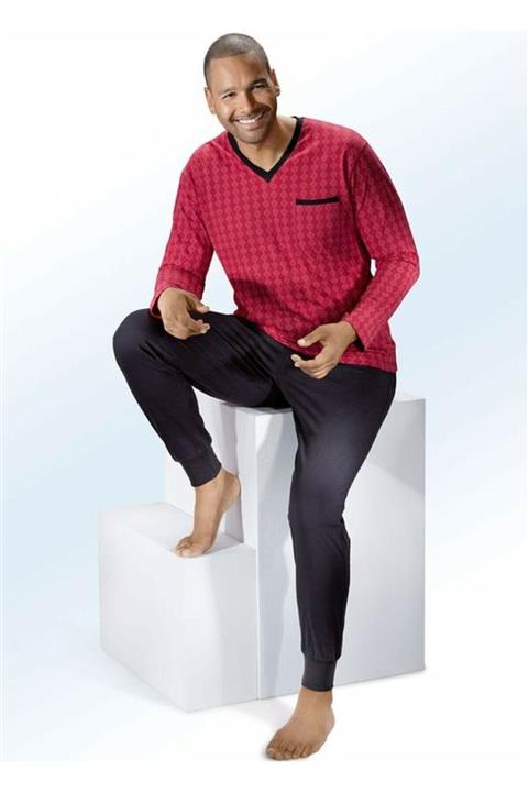 Store Nurteks Kırmızı-siyah Uzun Kollu Büyük Beden Pijama Takımı