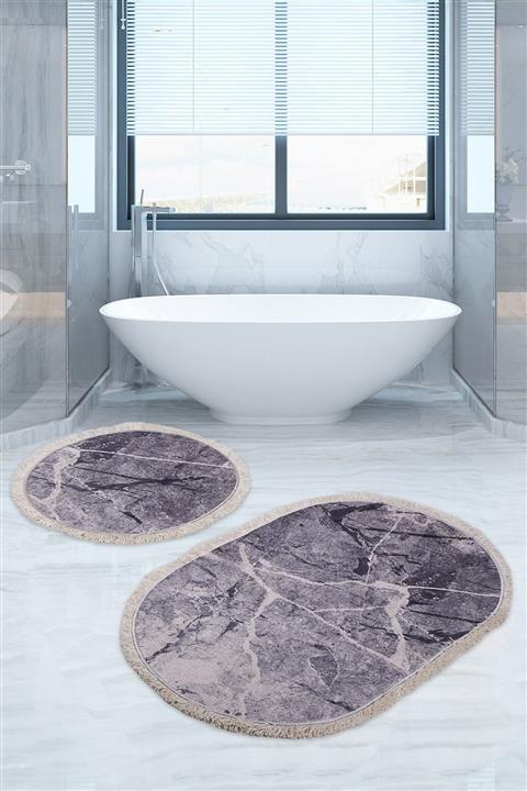 Bonny Home Marble Gri Djt 2li Püsküllü Banyo Paspası Seti Kaymaz Tabanlı Saçaklı Klozet Takımı
