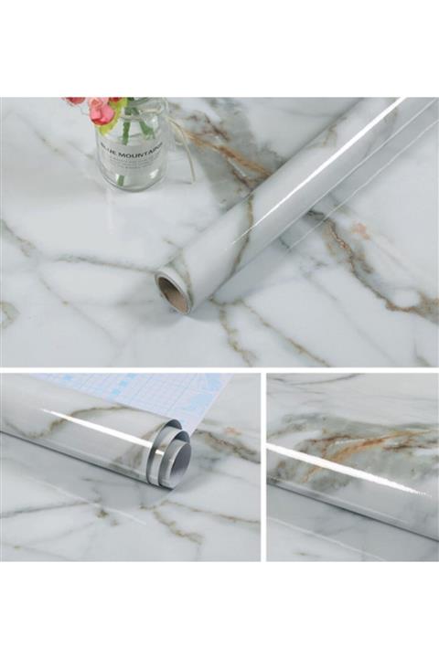pratikbilgilerim Mermer Desenli Mutfak Tezgah Üstü Yapışkanlı Folyo Beyaz