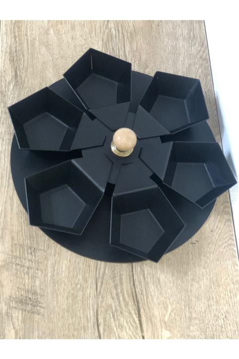 SAMİTRA Siyah Ahşap Tabanlı 6 Parça Metal Çerezlik