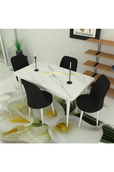 EMS MOBİLYA Beyaz Mermer Desen Kelebek Masa, 4 Adet Sandalye