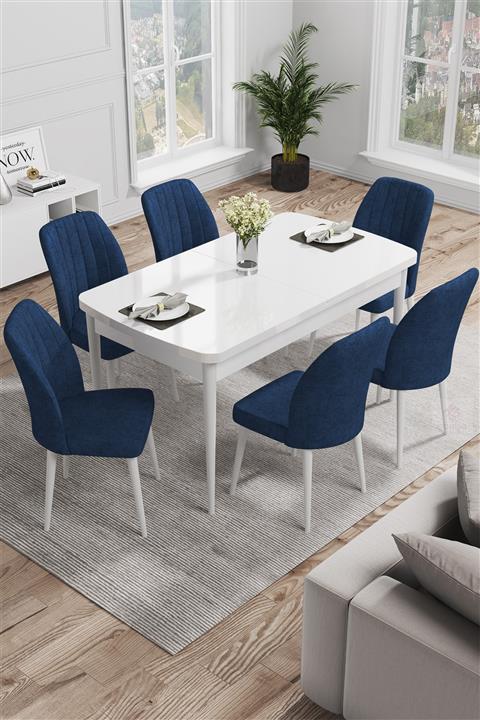 Canisa Concept Rio Serisi Mdf Beyaz Gürgen Ayaklı Açılabilir Mutfak Masa Takımı/beyaz Masa + 6 Lajivert Sandalye