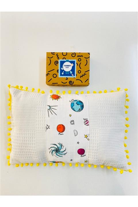 Yummyofbaby %100 Pamuk Müslin Uzay Desenli Çift Katlı Battaniye Ve Yastık Seti