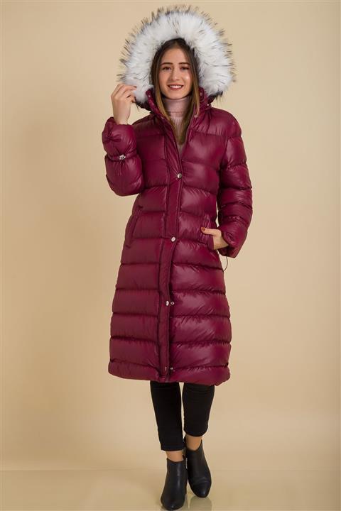 Kadın Modası Kadın Bordo Kürklü Uzun Şişme Kap