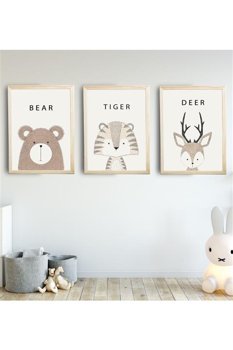 SUNNYFUNNYKIDS Bebek Çocuk Odası Tablo Nordic Nordik Ayı Geyik 3'lü Naturel Renk Doğal Ahşap Çerçeveli Set 30x40 Cm