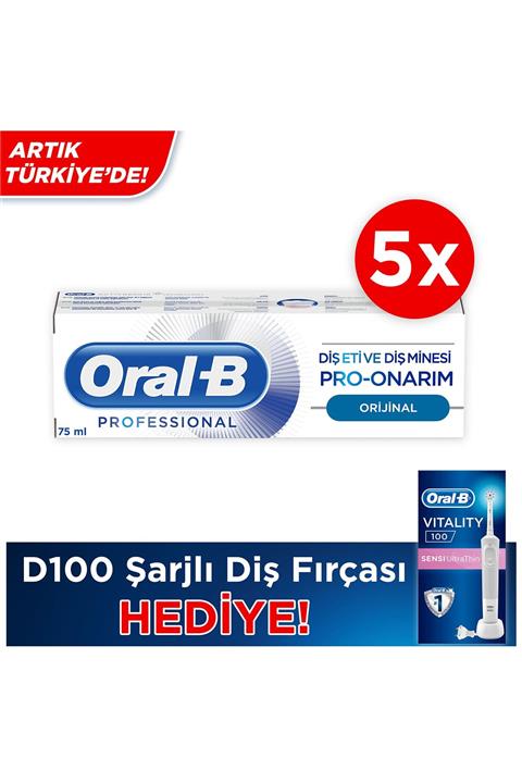 OralB 5 Adet * 75ml Pro Onarım Diş Macunu + D100 Vitality Ultra Thin Şarjlı Diş Fırçası