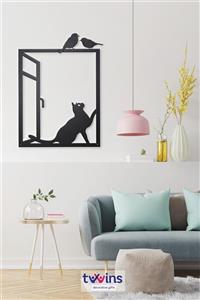 Twins Decorative Cat And Birds Lazer Kesim Metal Duvar Dekoru