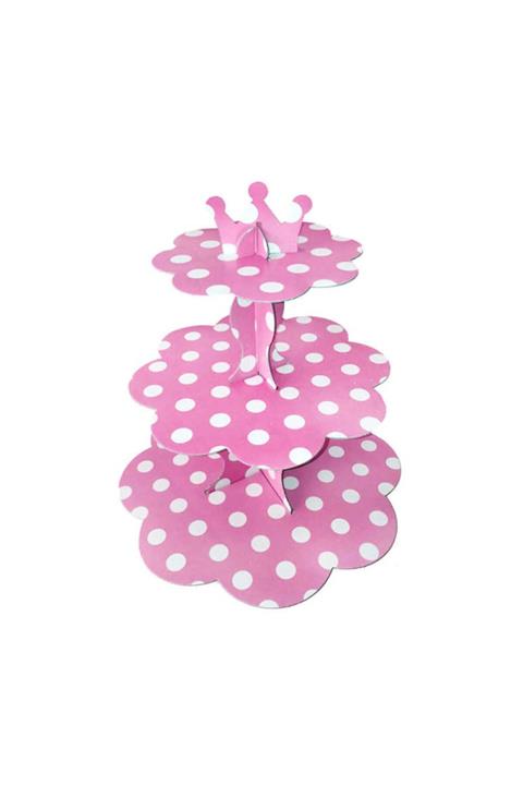 TT Tahtakale Toptancıları Pembe 3 Katlı Karton Cupcake Standı Puantiyeli Kek Standı