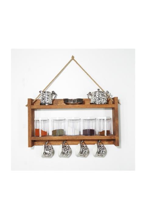 Enmax Ahşap Halatlı Baharatlık Mutfak Rafı Banyo Rafı Duvar Rafı Terek