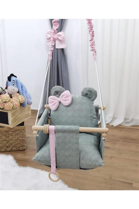 mordesign Tavana Asılan Fiyonklu Ahşap Bebek Salıncak Yeşil Renk