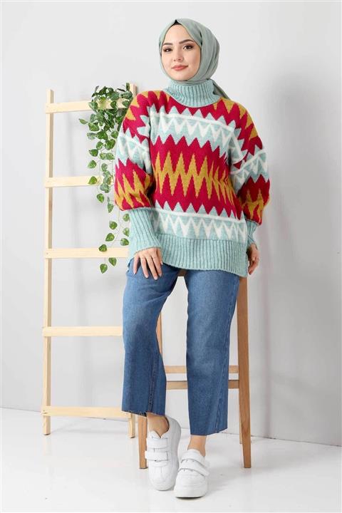 Tesettür Dünyası Zikzak Desenli Kazak Tsd211207 Mint Yeşili