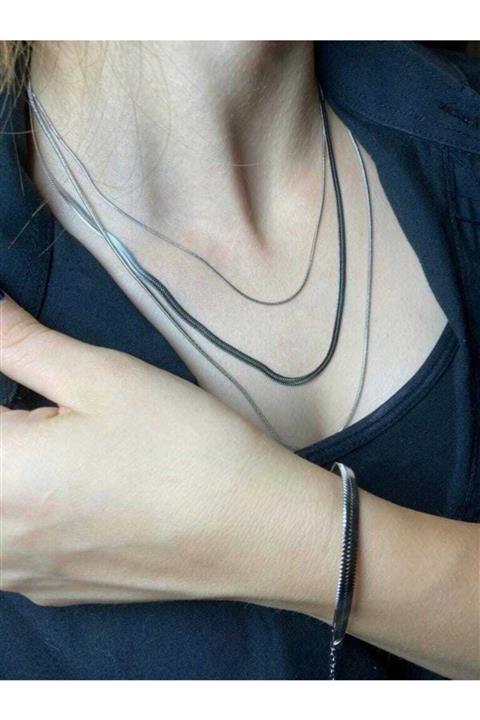 FAVOURİSTANBUL Gümüş Renk Üçlü İtalyan Zincir Çelik Kolye ve Bileklik