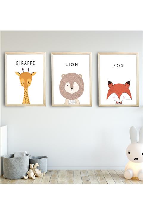 SUNNYFUNNYKIDS Bebek Çocuk Odası Tablo Nordic Zürafa Aslan 3'lü Naturel Renk Doğal Ahşap Çerçeveli Set 30x40 Cm