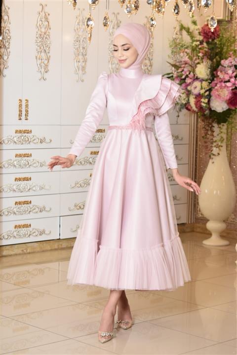 MAHİDEVRAN Kadın Pembe Saten Tesettür Abiye