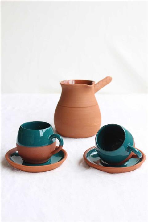 Toprak Ürünler Berceste Iki Kişilik Fincan Ve Cezve Takımı (Petrol Yeşili)