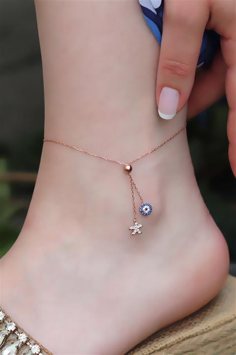 Necati Gün Nazar Boncuklu Ve Yıldız Figürlü Zirkon Taşlı Rose Gold Kaplama Asansörlü Gümüş Halhal