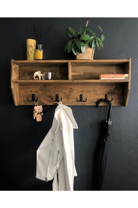 O&A WOOD Doğal Ahşap Vestiyer, Dekoratif 4 Askılı Portmanto, Raflı 2 Bölmeli Vintage Elbise Askısı
