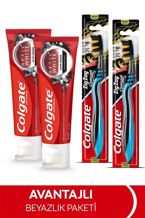 Colgate Aktif Kömür 75 ml Beyazlatıcı Diş Macunu Zigzag Orta Diş Fırçası Avantajlı Paket X 2 Adet