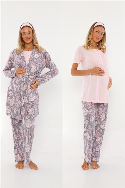 Lohussa Kadın Pudra Desenli Yazlık Lohusa Hamile Pamuklu Sabahlıklı Pijama Takımı 3'lü Set